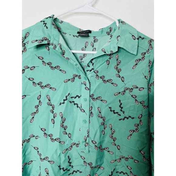 Ann Taylor Womens XS Blouse 1/2 Button Down Roll Tab Sleeves Green Floral Leafs - Picture 2 of 8